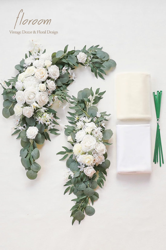 Arch Flowers with Drapes Kit (Pack of 4) - 2pcs Artificial Ivory & White Floral Swag Arrangement with 2pcs Draping