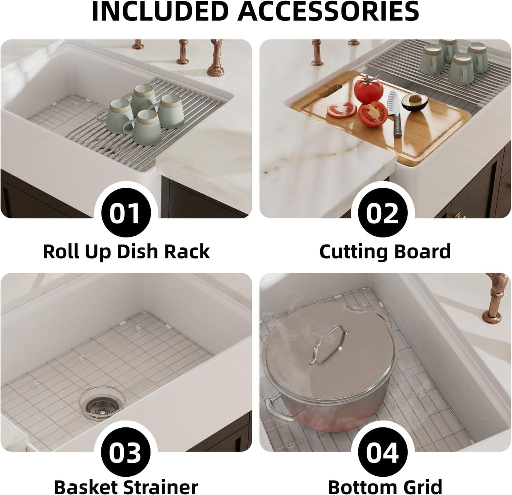 Farmhouse Sink 30 Inch, 30"W x 20"D White Kitchen Workstation Sinks, Fireclay Single Bowl Kitchen Farm Sink with