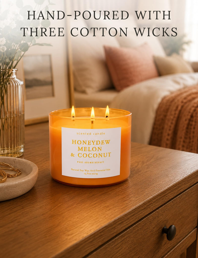 Fruity Honeydew Melon Coconut Scented Candle, Large 3 Wick Soy, 15.8 Oz