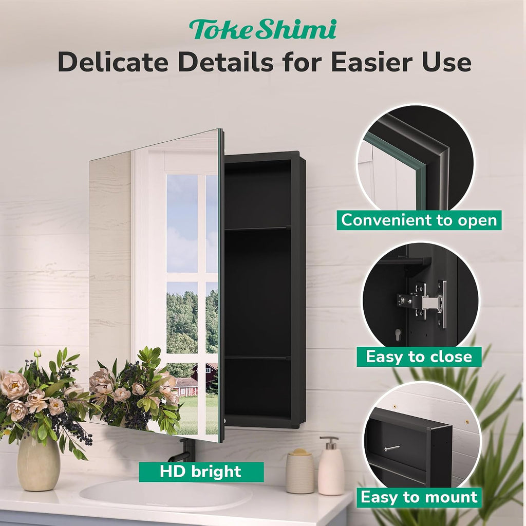 30 x 26 Surface Mount Medicine Cabinet Mirror Black, Aluminum Recessed Medicine Cabinet Mirror with Storage with
