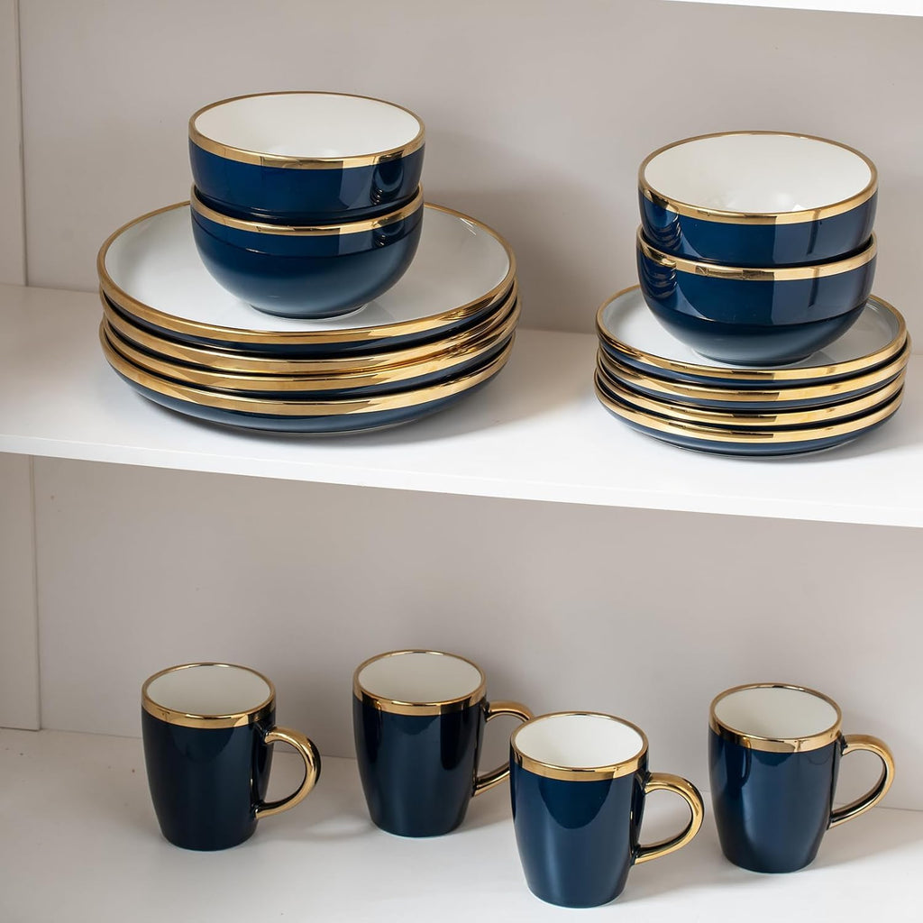 Blue and Gold Ceramic Dinnerware Sets for 4, 16-Piece Luxury Plates and Bowls Sets with Gold Rim, Modern Dish Set
