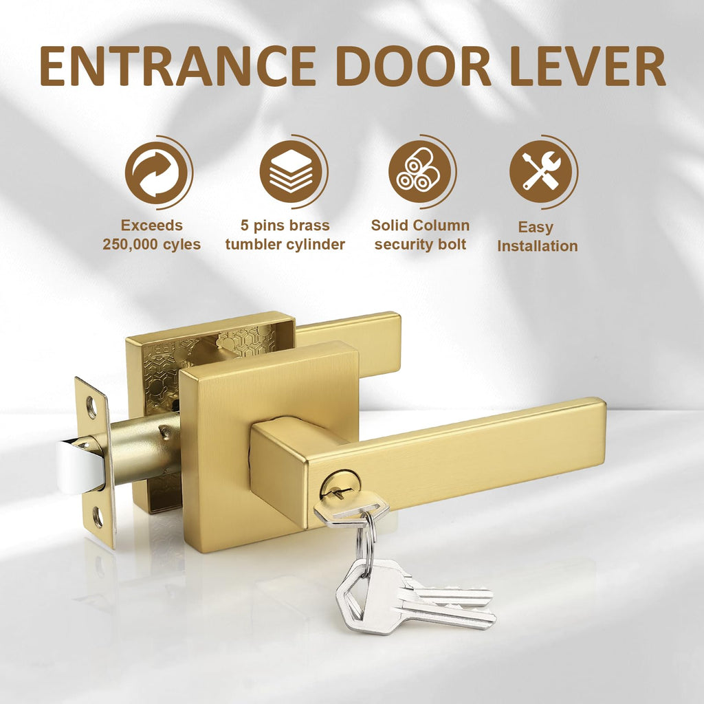 6 Pack Gold Entry Door Handles,Satin Brass Heavy Duty Interior Front Door Handles with Keys, Entrance Exterior