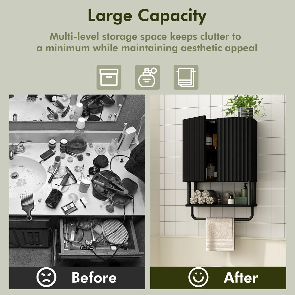 Fluted Bathroom Wall Cabinet with 2 Doors, 3-Tier Medicine Cabinet