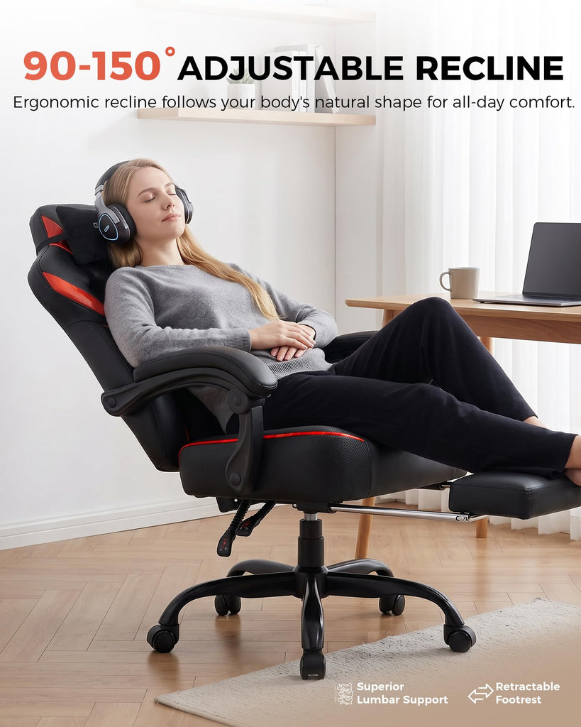 Big and Tall Gaming Chair with Footrest, High Back Ergonomic Office Chair for Adults, Heavy Duty 350 lbs Capacity