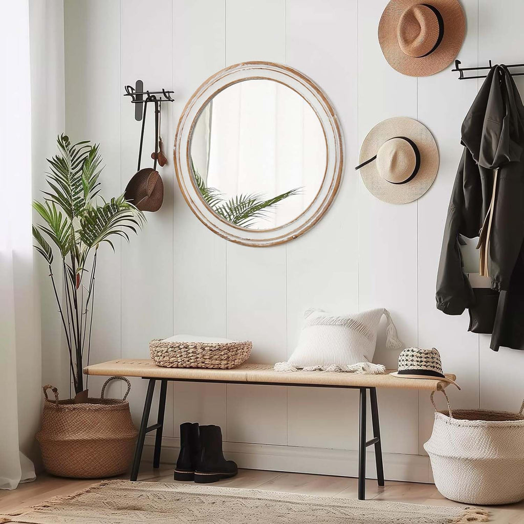 Round Wall Mirror with Distressed Wood Frame, Rustic Farmhouse Style, Ideal Decor (35.43x35.43)