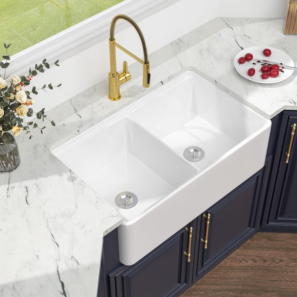 33 White Farmhouse Sink Double Bowl Fireclay Apron Front Farm Sink
