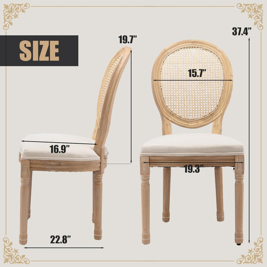 French Country Dining Chairs Set of 2, Farmhouse Dining Chairs with Round Back, Rattan Accent and Wood Legs for Kitchen or Dining Room, Beige