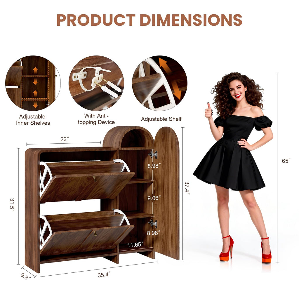 Arched Cabinet with Doors-Shoe Cabinet, Hidden Shoe Rack, Shoe Stand Compact Shoe Storage in Walnut