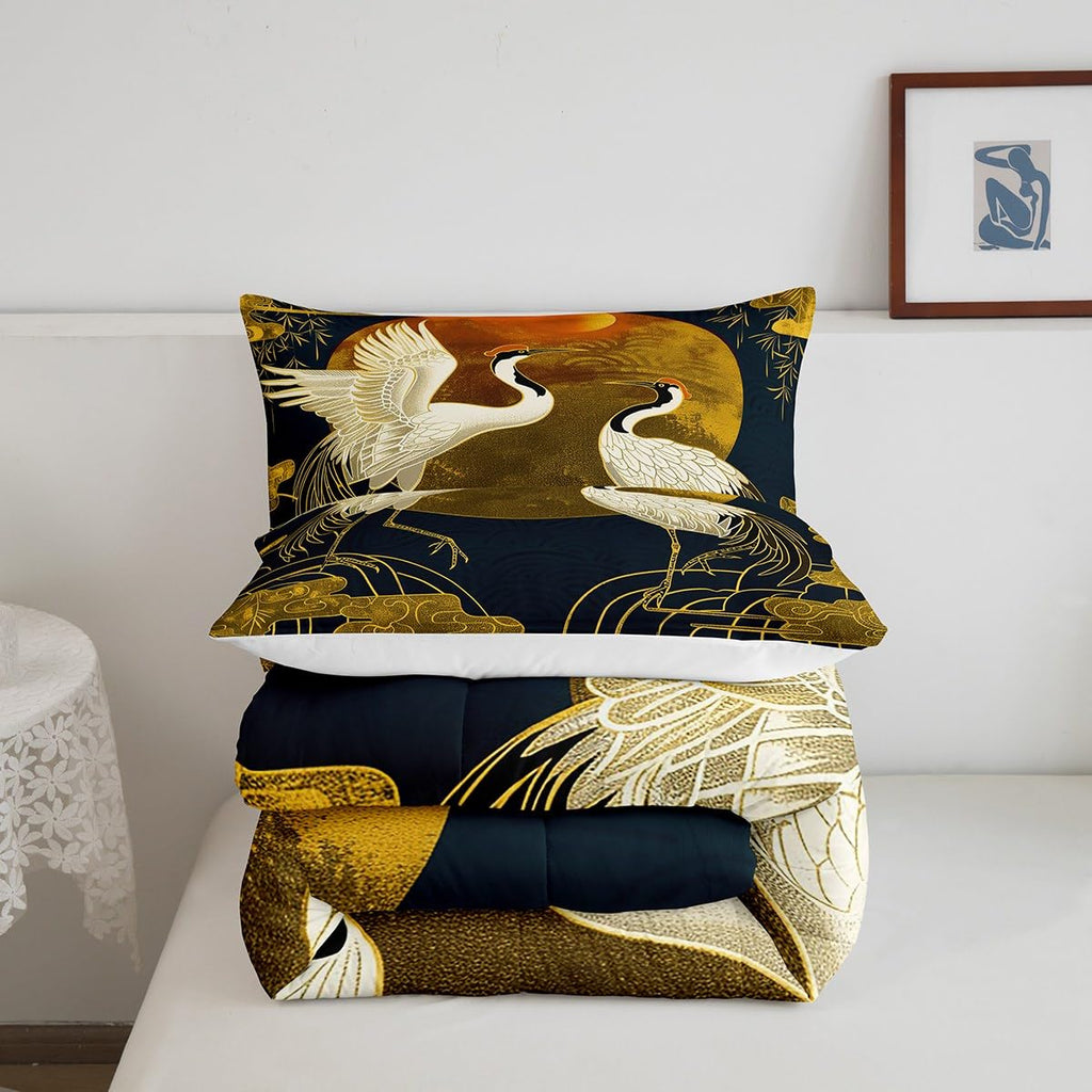 Japanese Crane Comforter Set Full Size, Gold Sun Cloud Stripes Bedding Sets 3Pcs, Retro Ukiyoe Bamboo Leaf Print Quilt