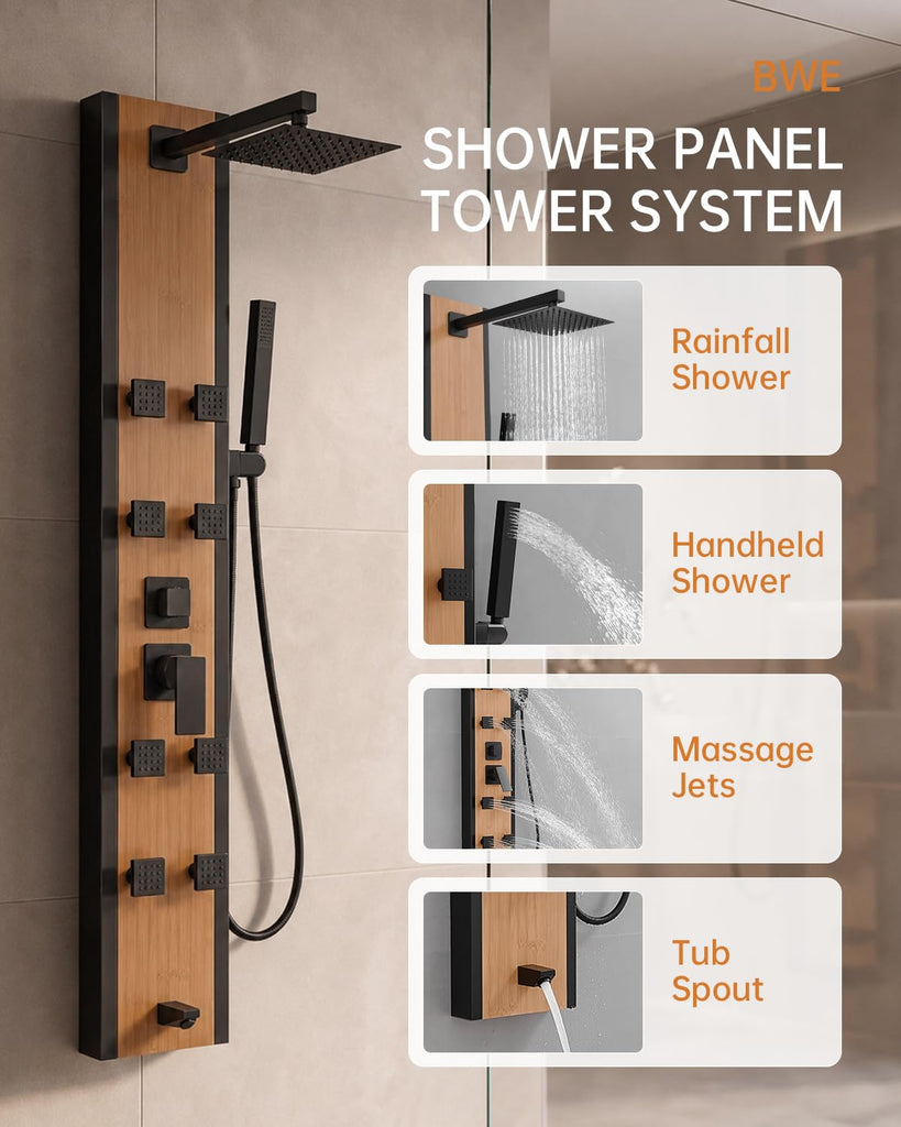 Stainless Steel Shower Panel Tower System Black and Bamboo 8 Jets