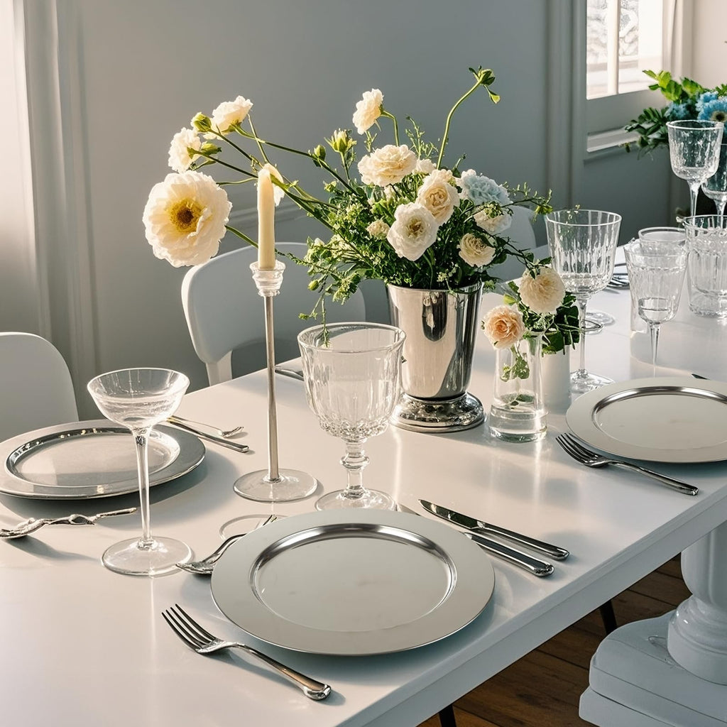 8PCS Stainless Steel Charger Plates 13inch Silver Charger Plate Metal Round Chargers for Dinner Plates Table Setting