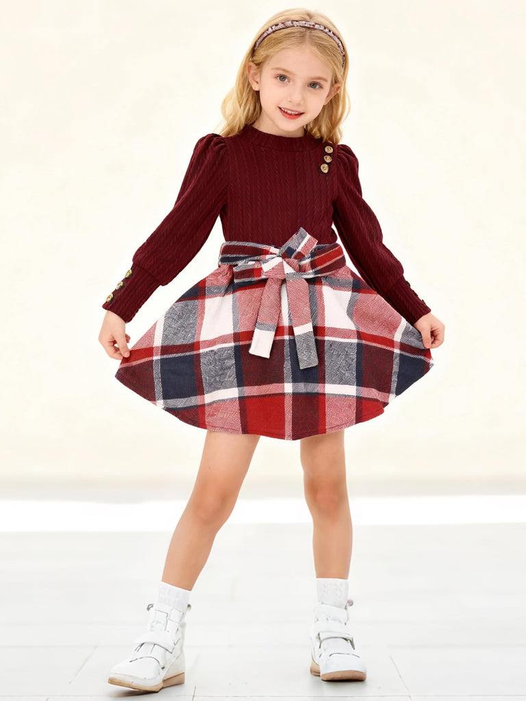 Girls Skirt Sets Fall Outfits Puff Sleeve Crewneck Ribbed Knit Tops and Plaid Skirt Set Kids Fall Winter Clothes