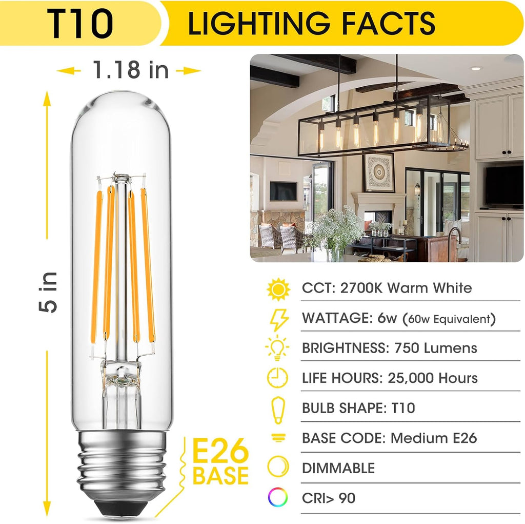 5" T10 Tubular LED Light Bulb, 60W Eq, Dimmable, Warm White 2700K, 4-Pack