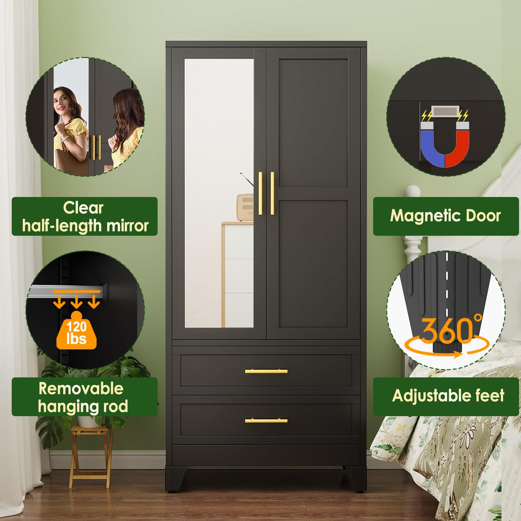 Metal Armoire Wardrobe, 71" Tall Bedroom Closet with Mirror and 2 Drawers