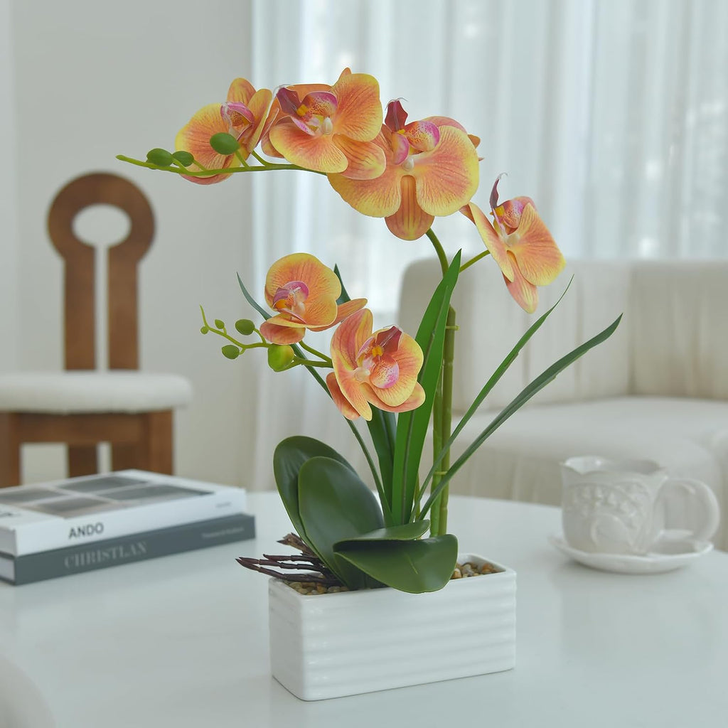 Artificial Real Touch Orchid Flowers with White Ceramic Vase, Orange