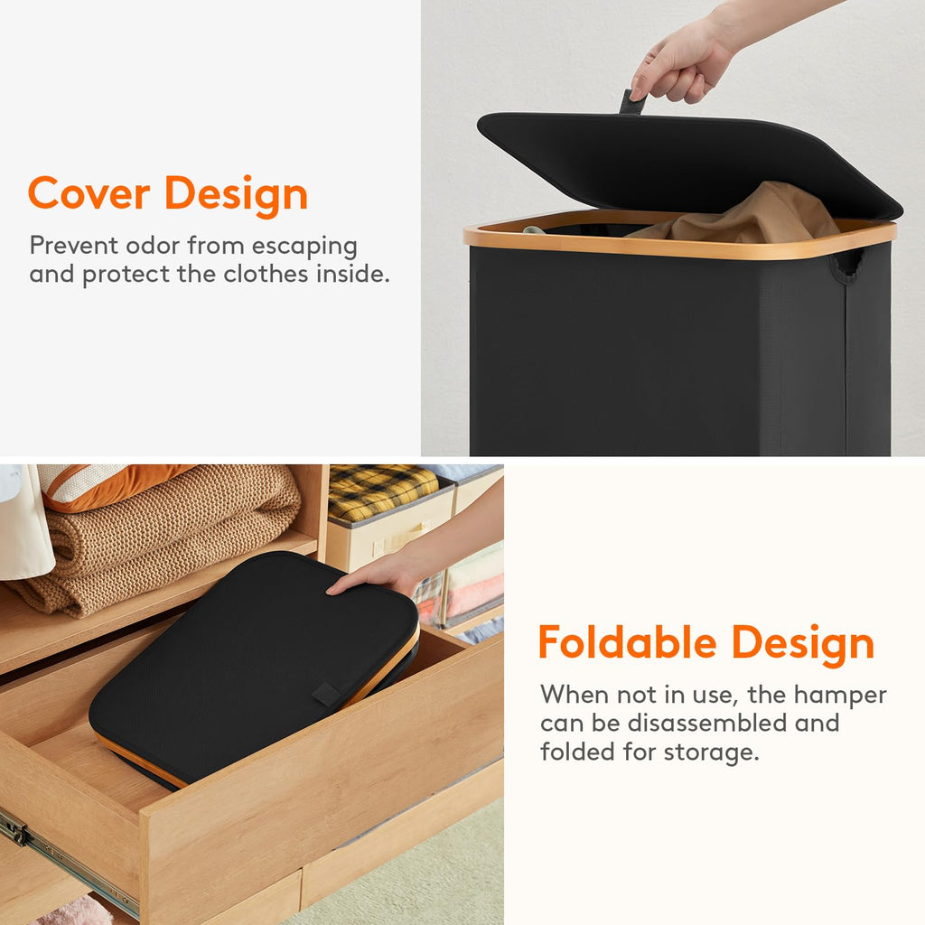 105L Large Laundry Basket with Lid, Removable Bags, Black