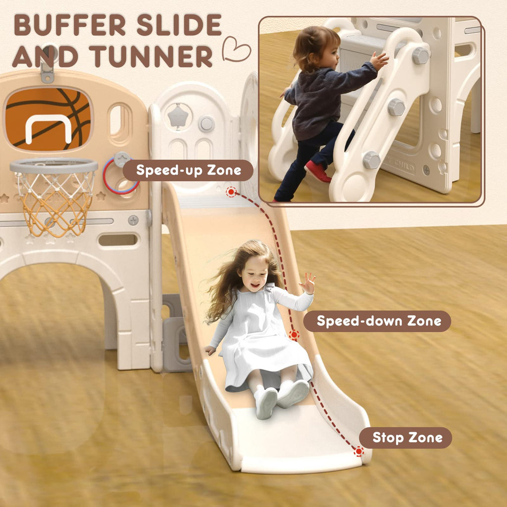 Toddler Slide Set, 9 in 1 Indoor Outdoor Playset for 1-3, Beige Brown