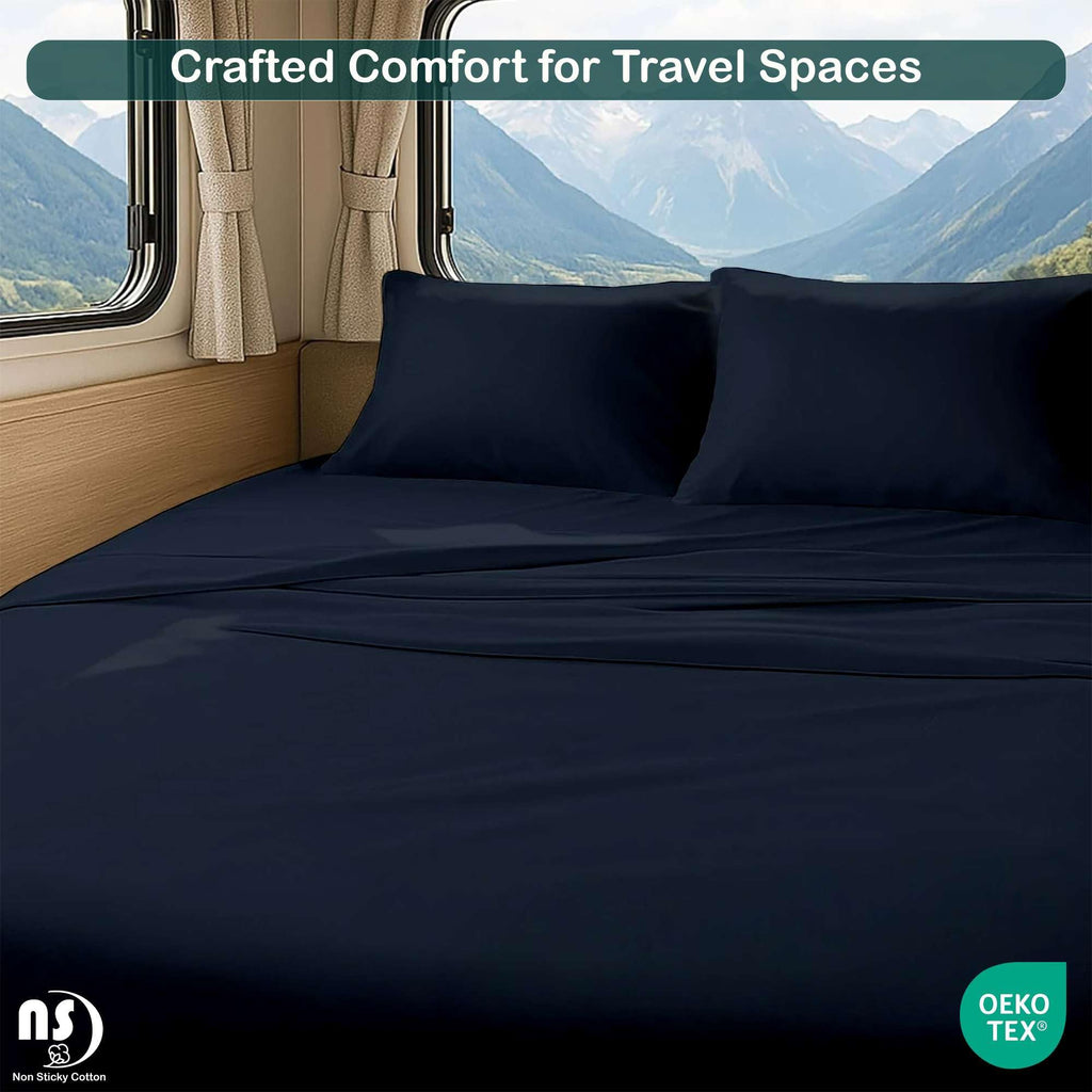 4 Pc Short Queen Size Cotton Sheet Set Navy Blue Solid 10-18" Deep Pocket