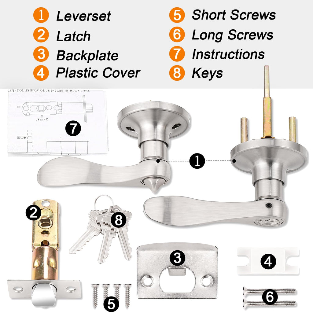 Keyed Alike Brushed Nickel Door Handle, Wave Style Entry Door Handles, Door Levers Lockset for Interior and Exterior