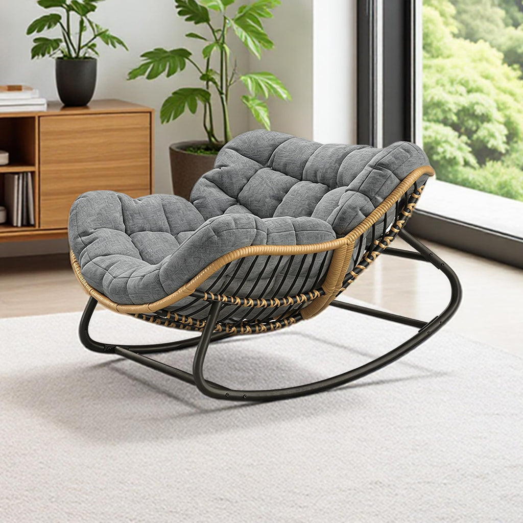Oversized Papasan Rocking Chair with Extra Thick Cushion, Rattan Wicker Egg Chair for Indoor & Outdoor Use - Cozy