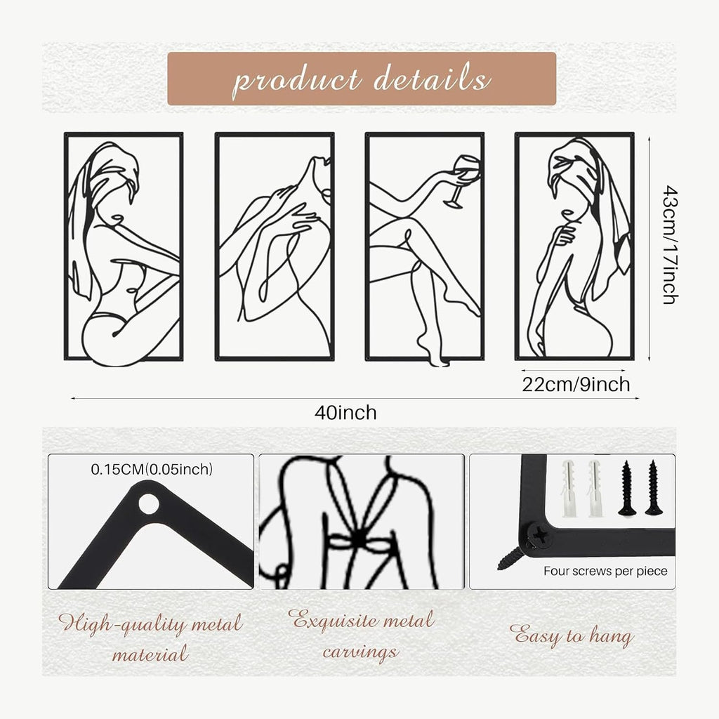 4-Piece Set - Minimalist Elegant Female Body Line Decor, Abstract Metal Wall Art, and Living Room - Set of 4