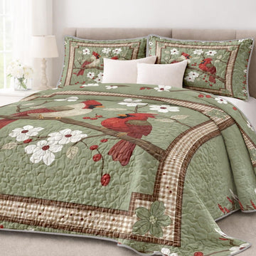 Cardinal Bird Quilt Set Size Farmhouse Floral Country Bedding with Sage Green Background Gingham Border
