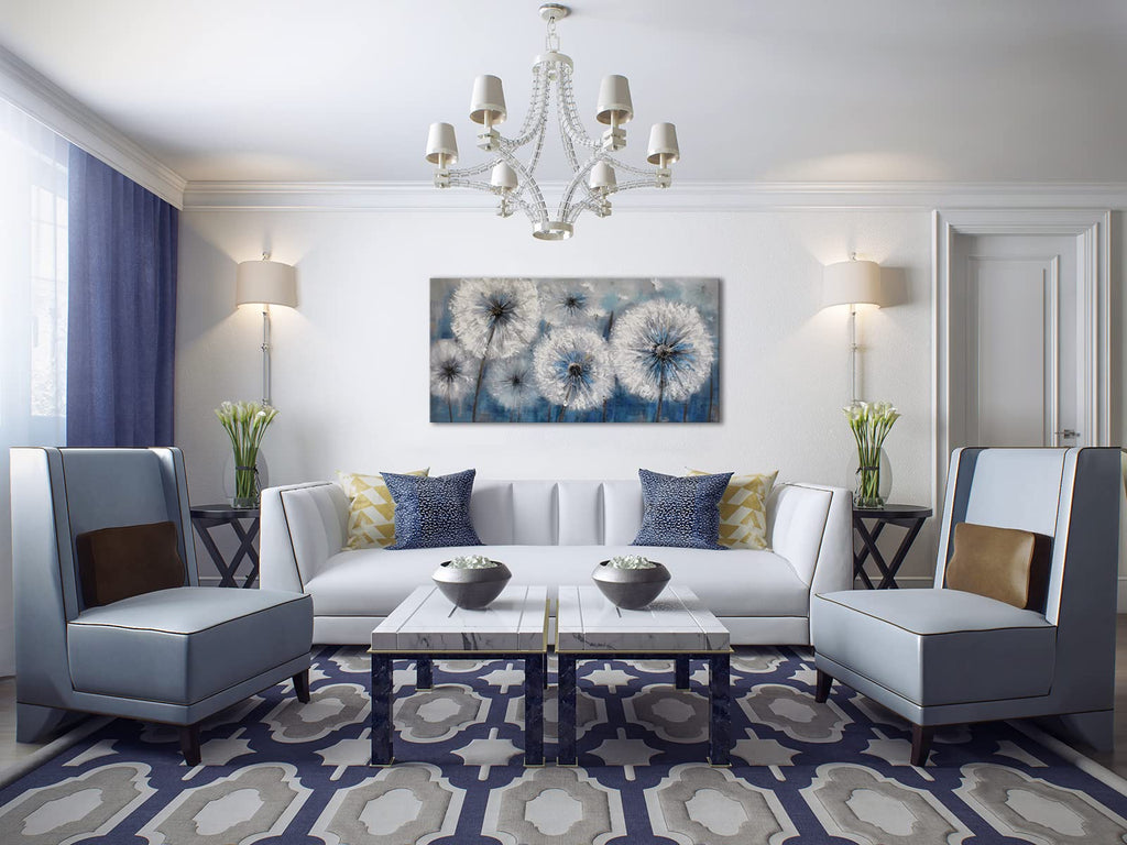 Dandelion Wall Art Blue Large Picture Canvas Art Wall Decor Above Bed White Flower Artwork for Walls Wall Paintings