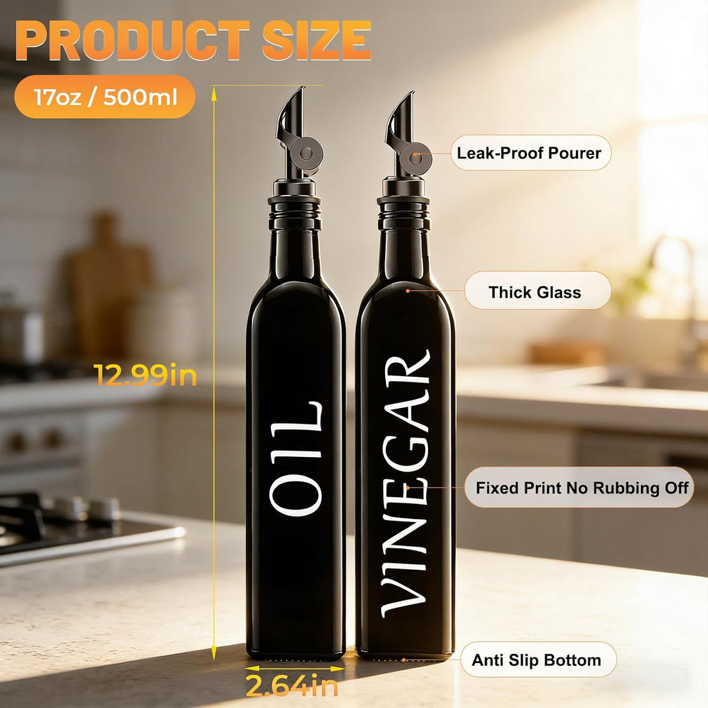 Oil and Vinegar Dispenser, 17oz/500ml Extra Thick Glass Oil & Vinegar Cruet with Stainless Steel Pourer - Set of 2