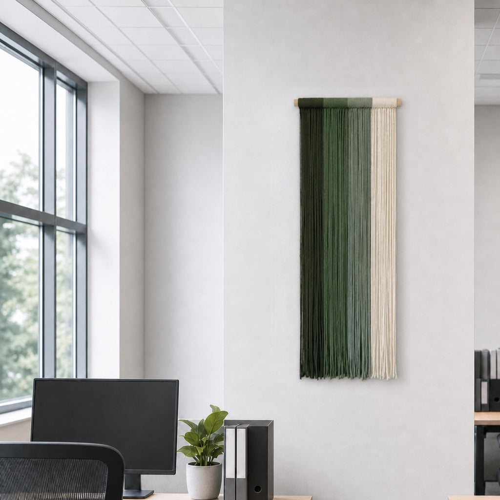 Boho Macrame Wall Hanging, Hand-Dyed Cotton, Green, 15.75 x 40 in