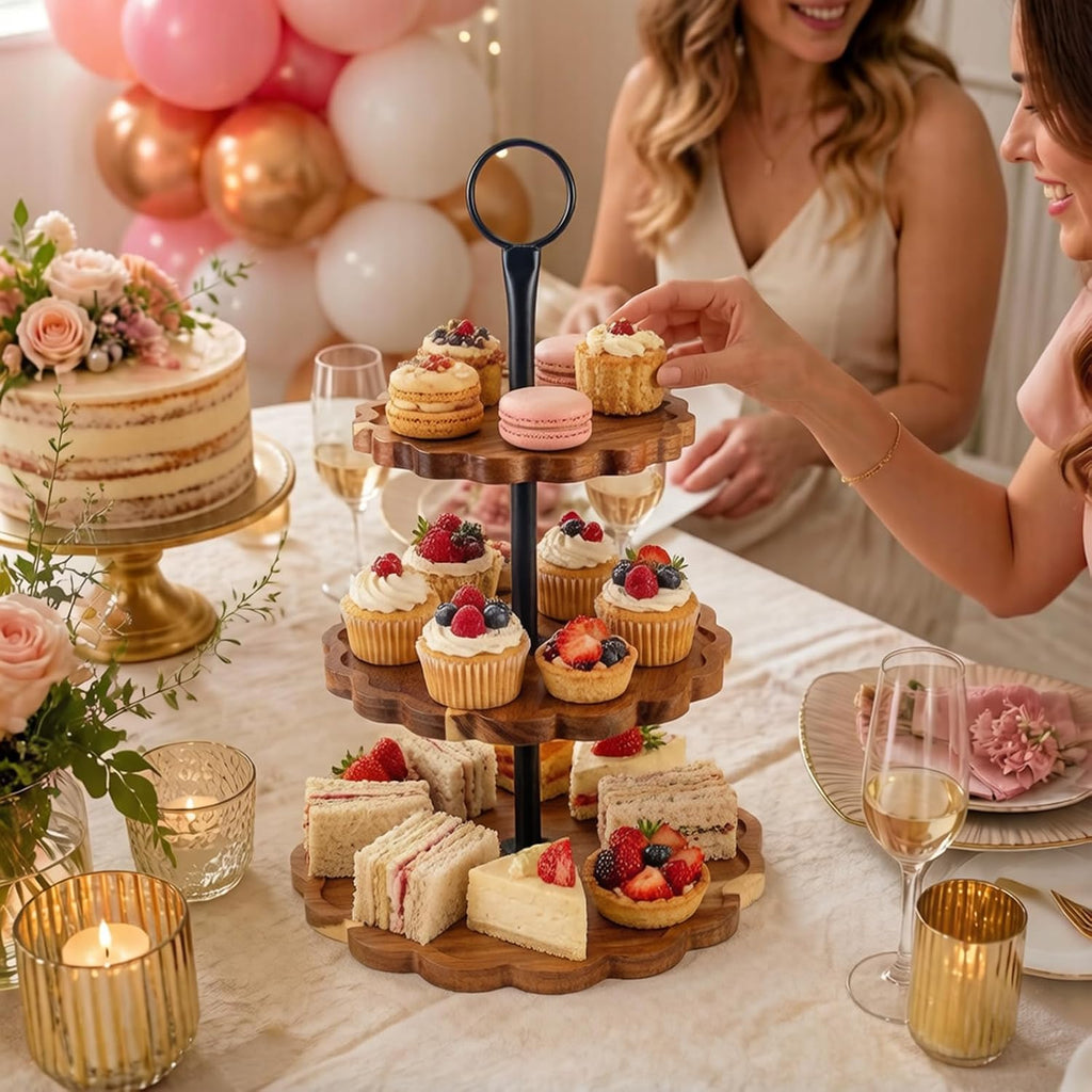 3 Tier Cupcake Stand Scalloped Wooden Dessert Display Stand Brown Tiered Serving Tray for Wedding Birthday Bridal