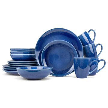 Reactive Glaze Stone Ceramic Plates Bowls Mugs Classic Dinnerware 16 Piece Set - Service for 4, Blue