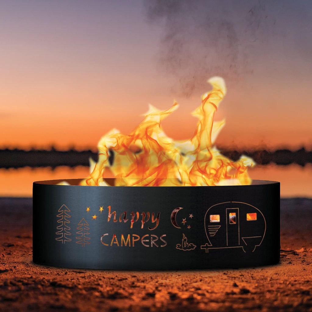 Happy Camper Unpainted 12 in. Tall 37 in. Diameter Outdoor Fire Ring with Fire Poker - 37 x 37 x 12 in.