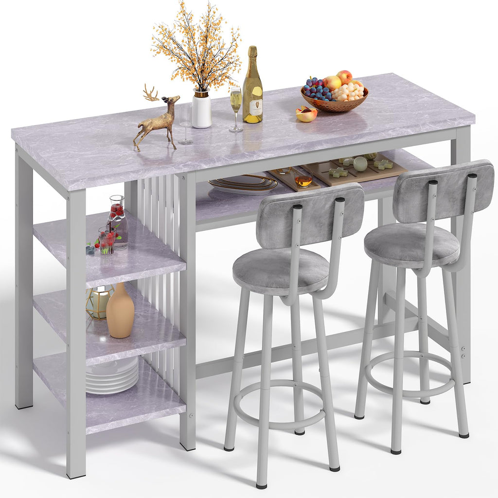 3-Piece Bar Table and Chairs Set, Modern Gray Table with 2 PU Cushion Bar Stools, Kitchen Counter with 3 Tier Storage