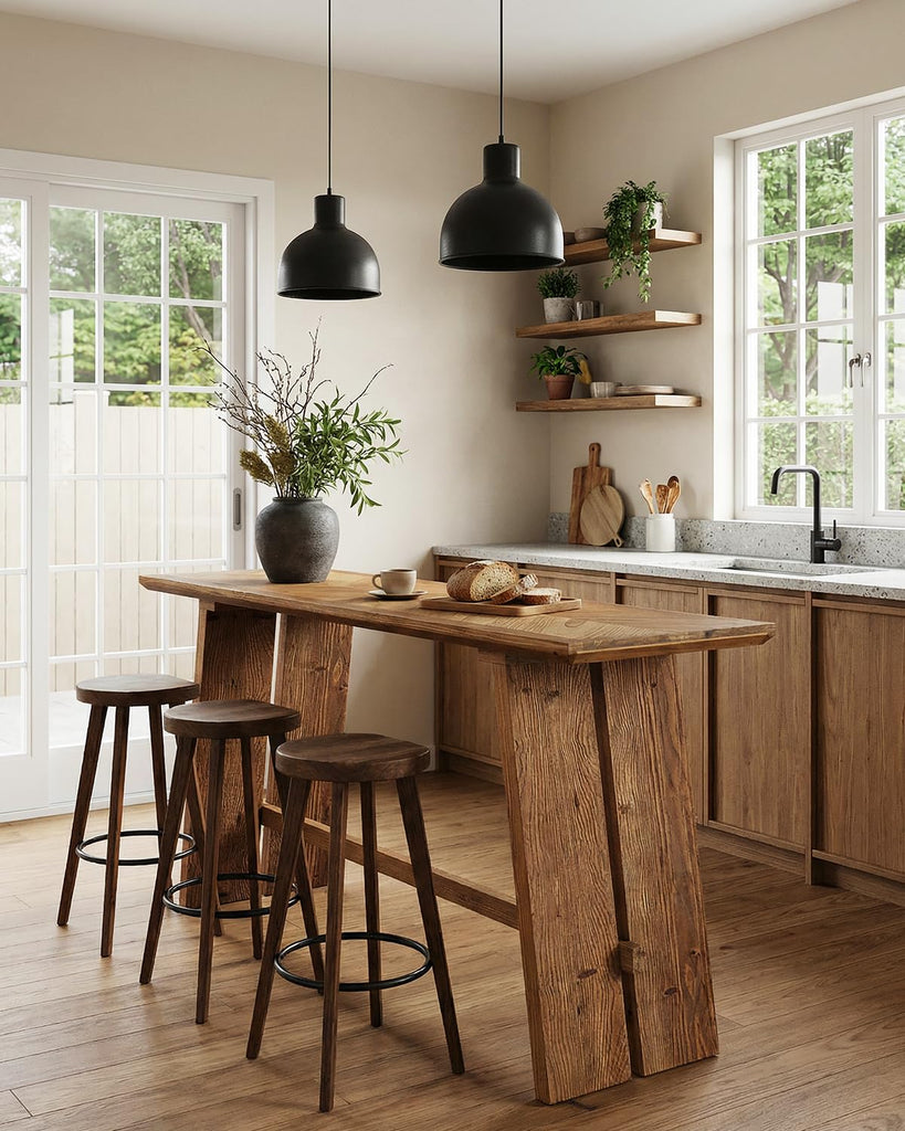 Solid Wood Bar Table, 61" Counter Height Table with Parquet Design Tabletop, Modern Farmhouse Kitchen Bar Table