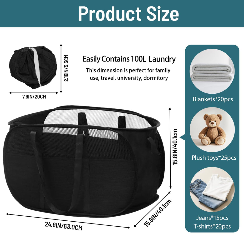 100L Collapsible Laundry Baskets, Tear Proof Pop Up Laundry Hamper with Dual Handles, Large Foldable Laundry Basket