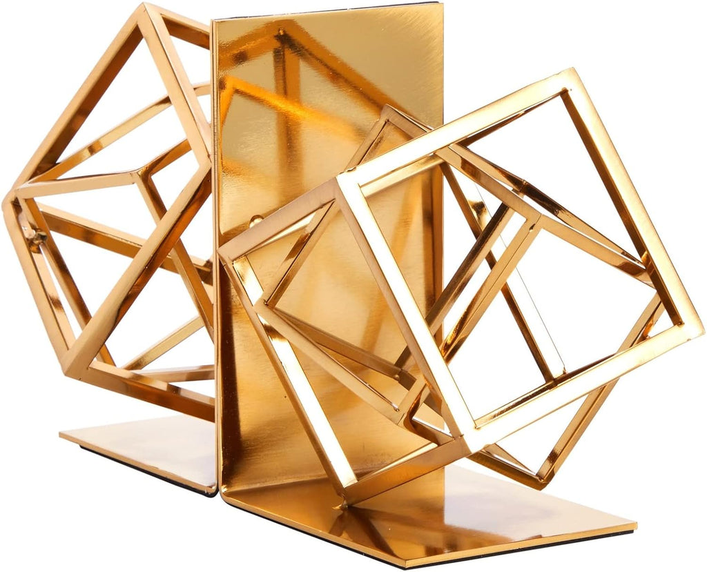 Gold Bookends - Heavy-Duty Metal Book Ends for Bookshelf Decor - Geometric Square Style for Decorative Books Display