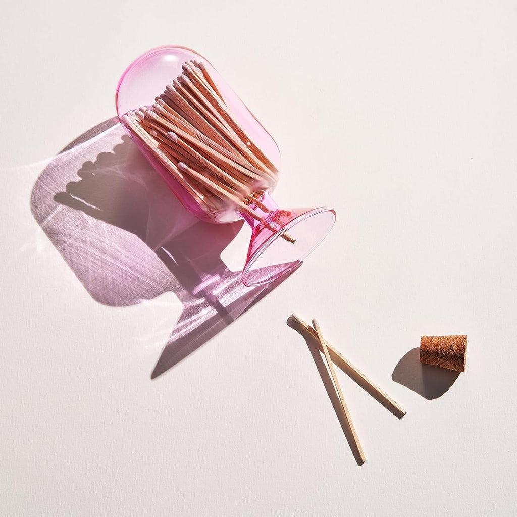 Includes 100 Match Sticks Glass Match Cloche with Striker - Pink with Cork Stopper - Fireplace, Home, Living Room - Set of 102