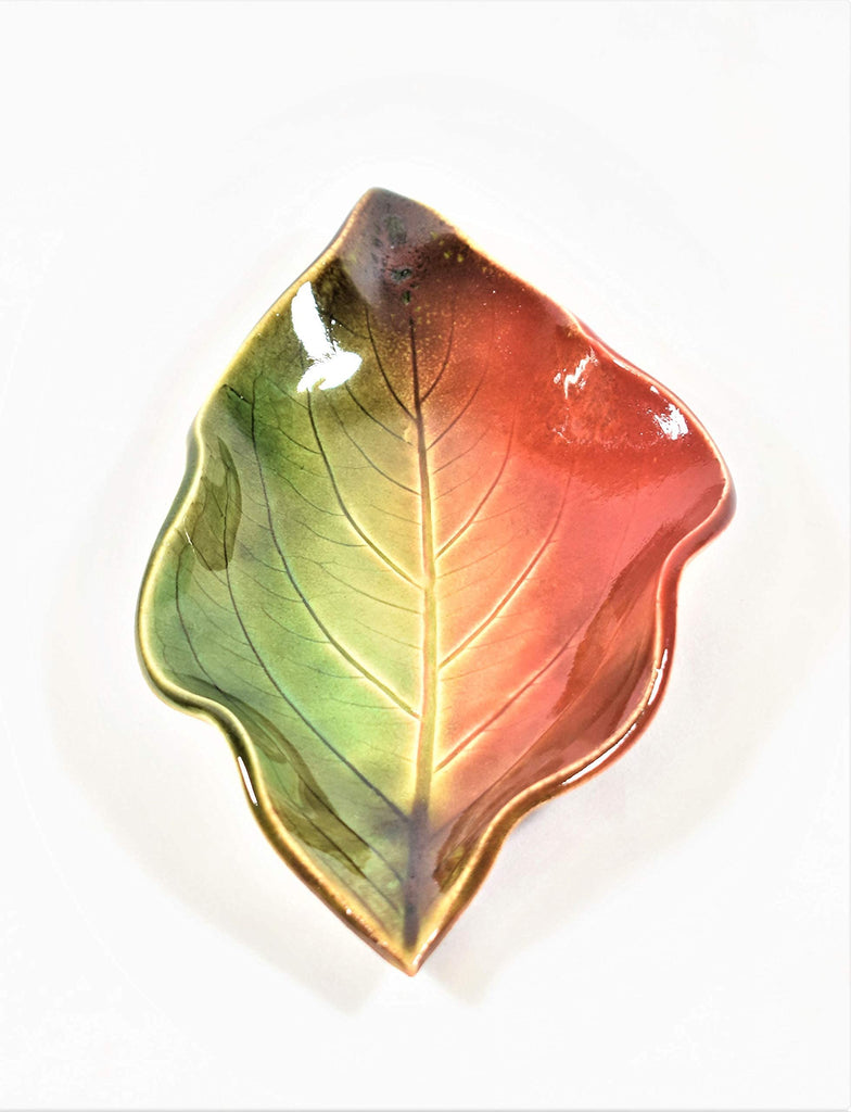 Pottery, Handmade Stoneware Hydrangea Leaf 3 Piece Dish Set or Spoon Rest In Festive Fall Colors