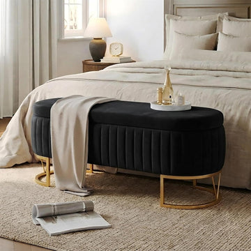 46" Storage Ottoman Bench, Velvet Oval End of Bed Bench Black | Easy 1-Min Assembly, High-Resilience Foam, Large
