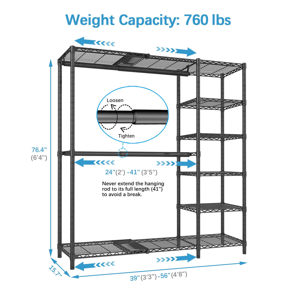 X2 Expandable Clothes Rack Portable Closet Organizer System Black