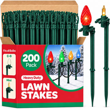 Christmas Light Yard Stakes [Set of 200] Outdoor Light Stakes - 8.5" Tall - Universal Christmas Pathway Lights On