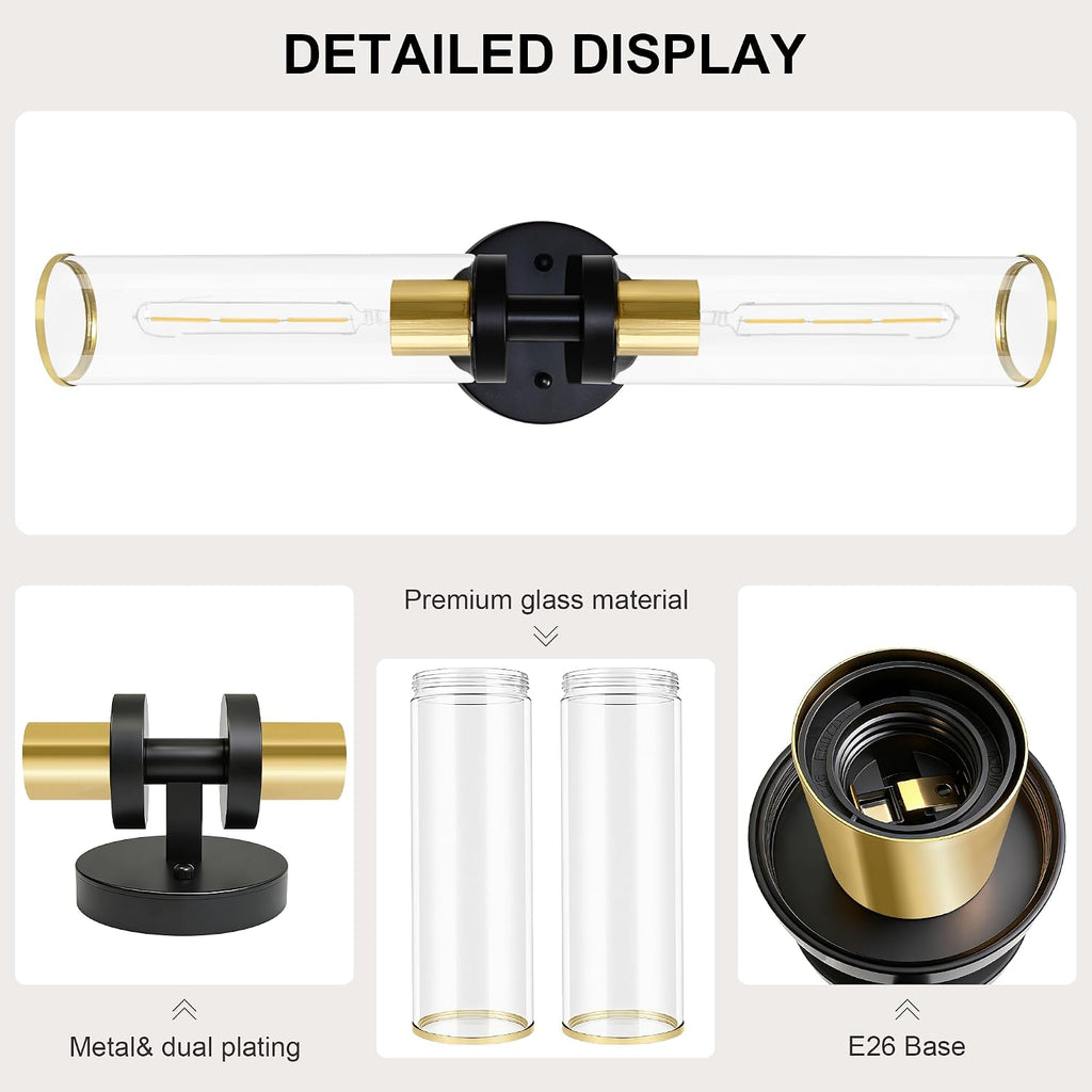 Wall Sconces Set of Two, Black and Gold Bathroom Wall Sconces with Clear Glass,Hardwired Modern Sconces Wall Decor