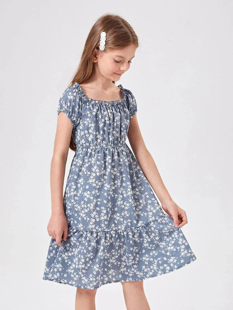 Summer Dress Kids Floral Puff Sleeve Smocked Midi Dresses