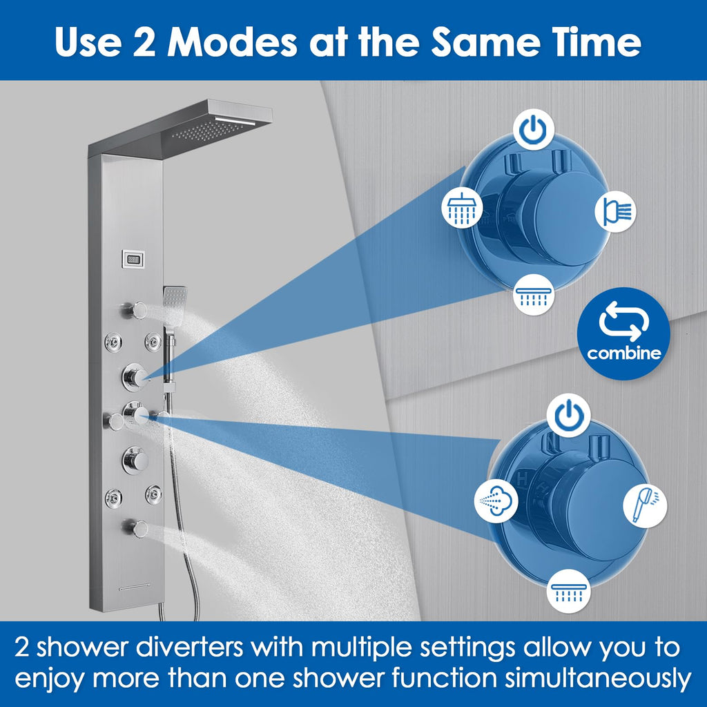 Shower Panel Tower System with 6 Shower Functions, Simultaneous Use
