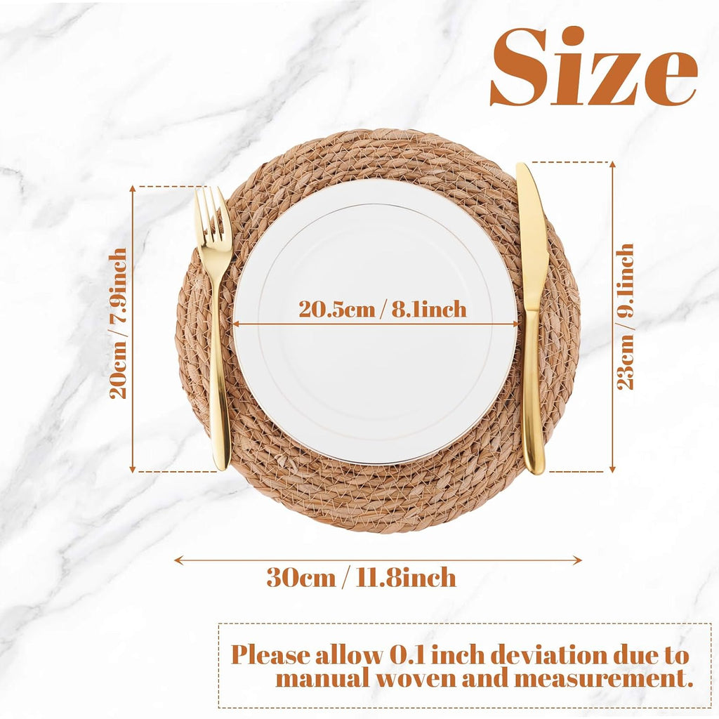 Round Woven Placemats, 12 Inch Boho Farmhouse Rattan Placemats Rustic Braided Wicker Table Place Mats - Set of 6