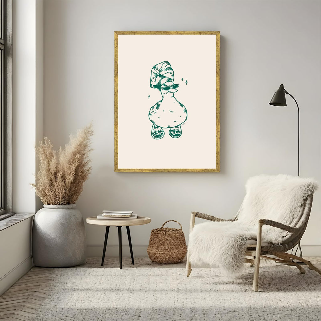 Gold Framed Cool Duck in Slippers Wall Art Funky Duck Print Bathroom Decor