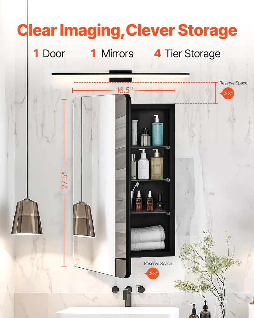 Medicine Cabinet, 16.5 x 27.5 inch, Medicine Cabinet with Mirror, Aluminum Frame Bathroom Wall Cabinet, 3-Layer