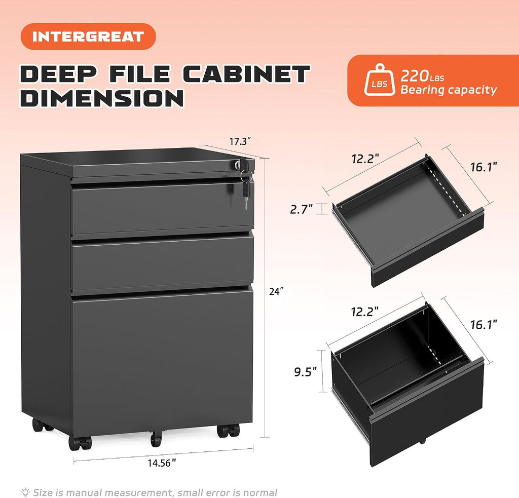 3 Drawer Mobile File Cabinet with Lock, Metal Filing Cabinets , Rolling Under Desk Organizer for Letters/Legal/A4