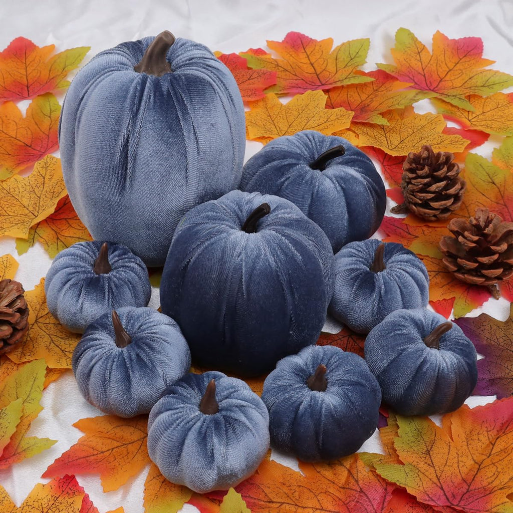 Faux Blue Velvet Pumpkin Artificial Fall Foam Pumpkin Decor 9 Pcs