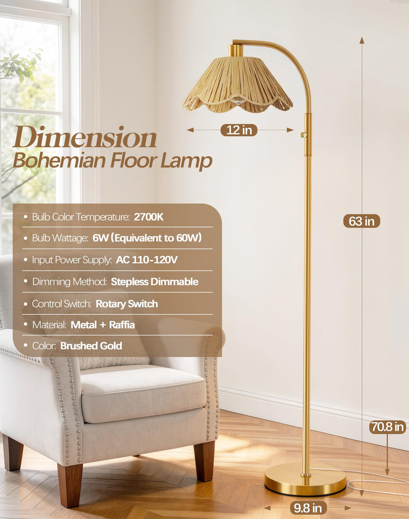 Gold Floor Lamp, Modern Standing Lamp with Raffia Lampshade, Stepless Dimmable Rotary Switch, 63" Farmhouse